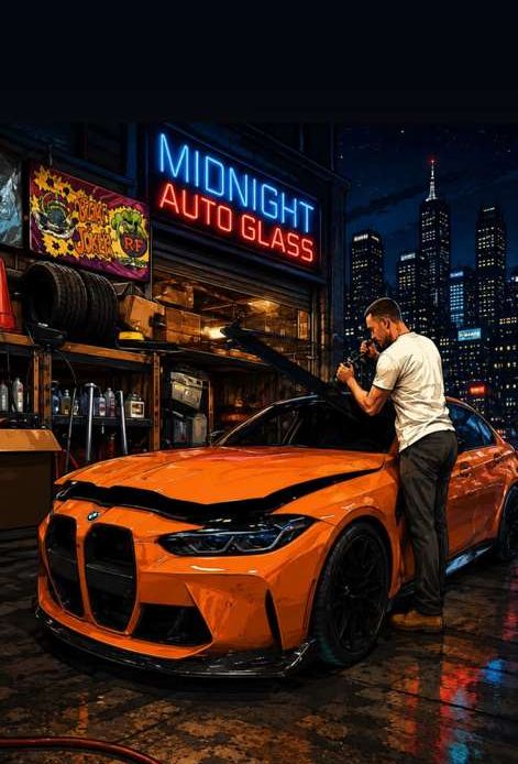 The owner of Midnight Auto Glass replacing glass on a car under the neon shop sign